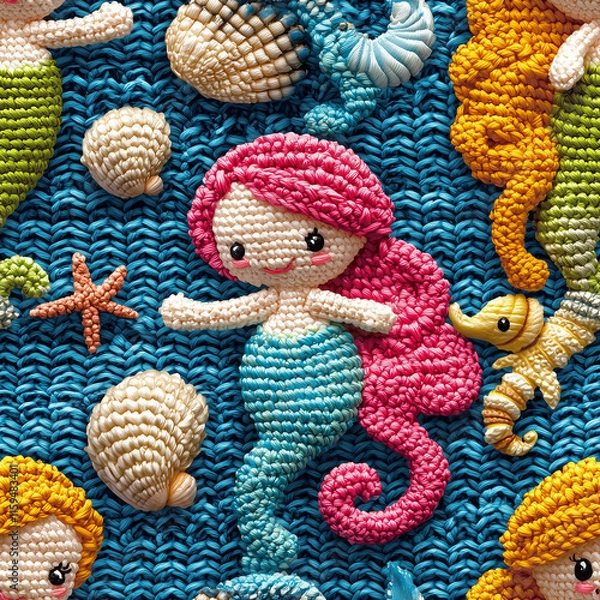 Fototapeta Create amigurumi seamless patterns of mermaids and sea creatures underwater crafting in japan perfect for knitting and crocheting enthusiasts