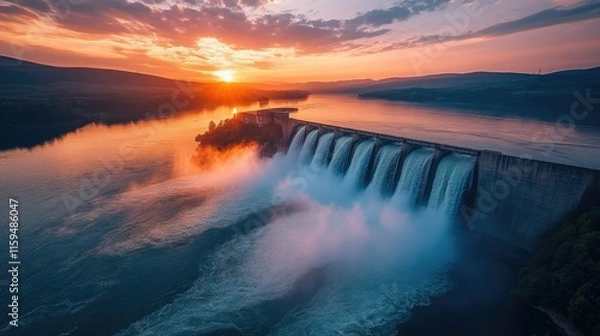 Fototapeta Majestic Dam Sunset: A breathtaking view of a dam at sunset, with cascading water creating a misty spectacle against the vibrant sky.