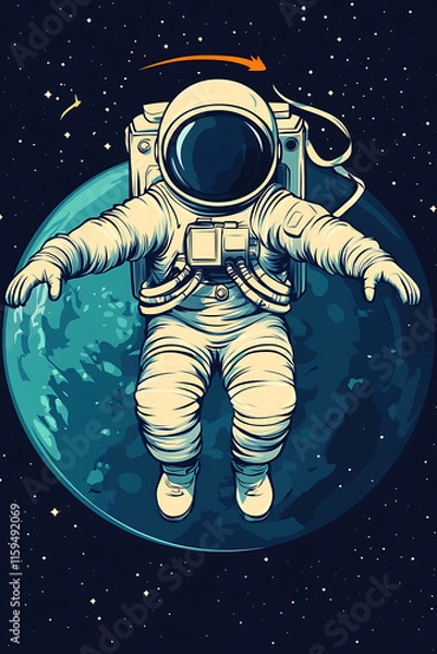 Fototapeta An astronaut floats in space above a stylized Earth, depicting exploration and adventure.