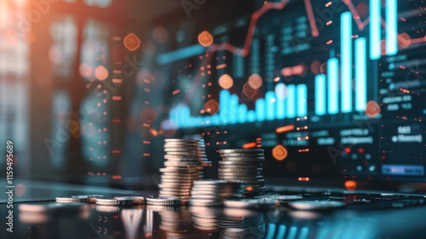 Fototapeta Stacked coins with digital financial graphs and data visualization