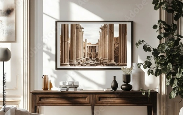 Fototapeta Simple white poster framed in dark oak, set against an image of Roman ruins with towering columns, symbolizing the architectural legacy of ancient Rome 