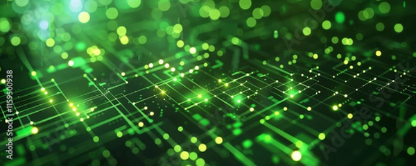 Fototapeta Abstract digital background of green circuit grid with glowing points and lines on a dark backdrop. The intricate design features depth and connectivity, creating a futuristic, high-tech visual ideal