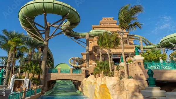 Fototapeta Water slides at Aquaventure Water Park. The largest water theme park in Middle East, Dubai, United Arab Emirates