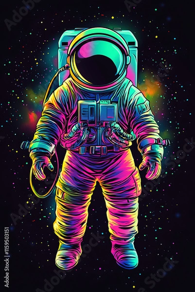 Obraz A vibrant, neon-colored astronaut floating in a colorful cosmic background.