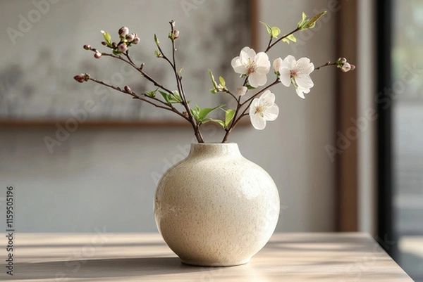 Fototapeta Blooming plum flowers adding touch of spring to modern interior design