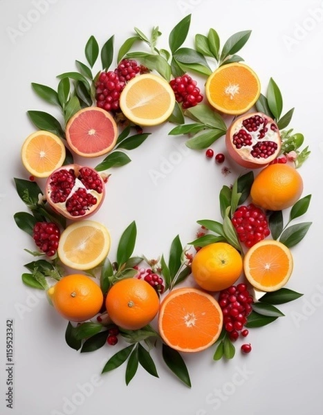 Fototapeta Wreath of fruit including oranges and pomegranates. The oranges are in the center and the pomegranates are on the right
