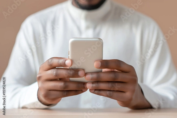 Fototapeta Man in traditional attire uses smartphone while seated indoors