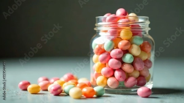 Fototapeta A glass jar is filled with colorful candy coated sweets, some spilling onto the surface. Concept of sweet treat.
