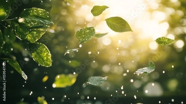Fototapeta Loose green leaves floating gently in the air with shiny water drops, sunlit background generative ai