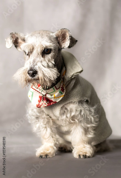 Fototapeta white schnauzer seeing horizon with a white sweater 