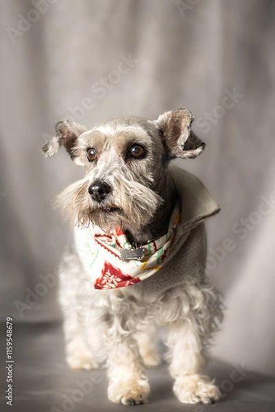 Fototapeta Beautiful white schnauzer seating in a cloudy fabric floor 