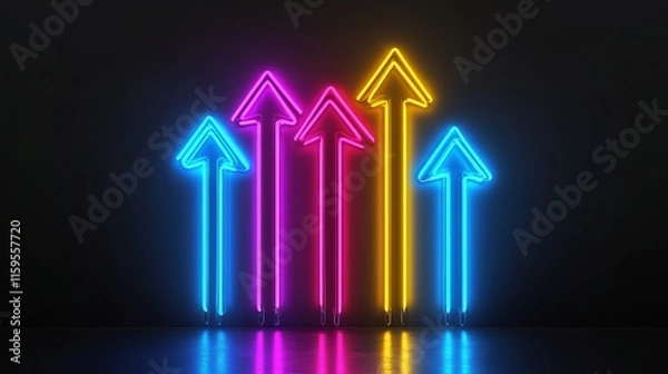 Fototapeta 3D Neon Lights with Five Arrows Abstract minimalist business startup growth concept background with colorful neon lights forming ascending arrows Profit and investment vector