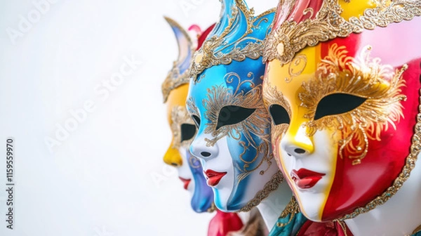 Fototapeta Colorful venetian carnival masks close up for festive celebrations and decorations