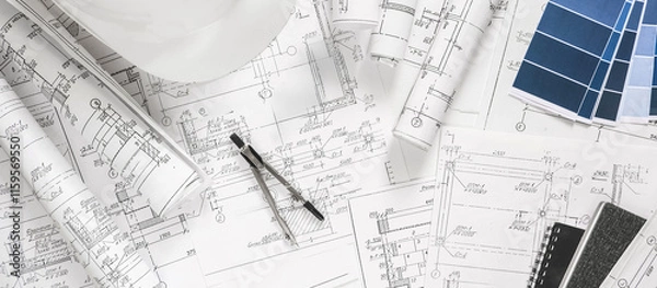 Fototapeta architect design working drawing sketch plans blueprints and making architectural construction model in architect studio,flat lay.
