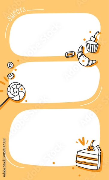 Obraz Planner template with sweets. Daily notes. Vector illustration. Cake, candy, muffin, dessert, croissant. 