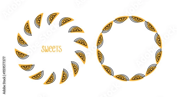 Fototapeta Set of decorative round frames with sweet orange slices. Doodle style. Linear drawing.