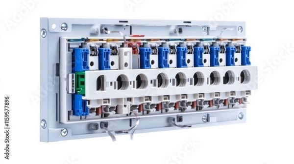 Fototapeta Installation of a fuse box on a distribution board with circuit breakers fastened to the rail of a consumer unit