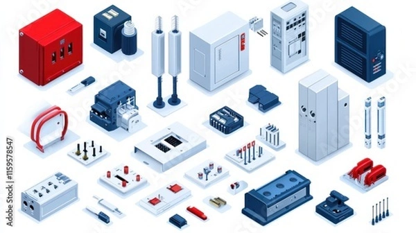 Fototapeta Isometric electric switchboard showing a transformer distribution board electric breaker switchbox and power switch panel Includes electricity equipment energy components and red