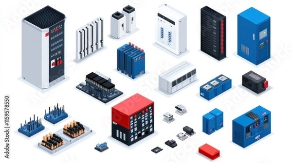 Fototapeta Isometric electric switchboard showing a transformer distribution board electric breaker switchbox and power switch panel Includes electricity equipment energy components and red