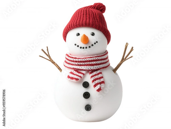 Fototapeta Cheerful Snowman with Red Knit Hat and Striped Scarf Standing Against a White Background Perfect for Holiday and Winter-Themed Designs