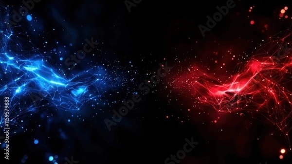 Fototapeta Dynamic clash of blue and red energy waves digital realm abstract art dark background eye-level perspective visual contrast