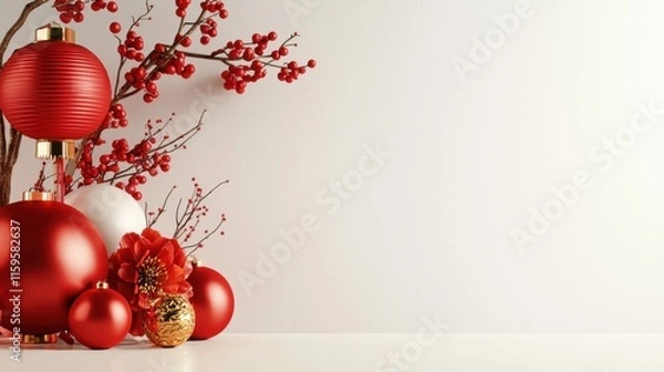 Fototapeta Joyful chinese new year celebration festive home decor red lanterns and ornaments warm indoor environment close-up view traditional elements