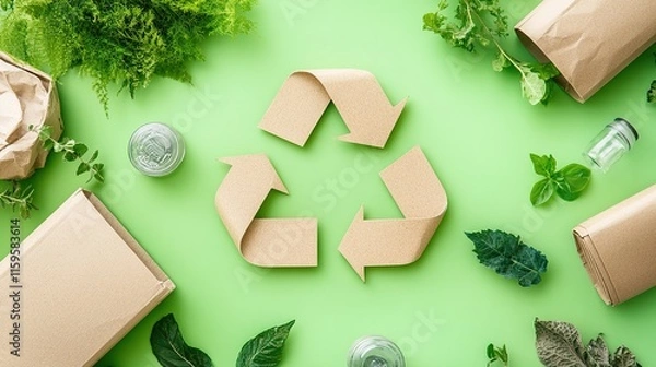 Fototapeta A vibrant green background features a recycling symbol surrounded by natural elements and eco-friendly packaging materials.