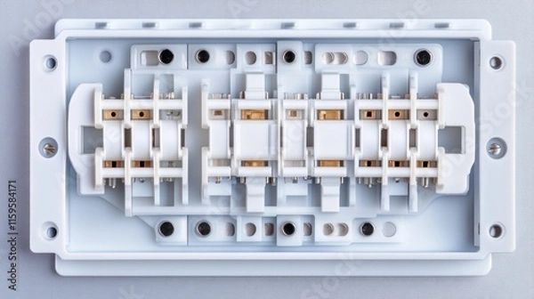 Fototapeta Mounting fuse boxes on the distribution board with circuit breakers fastened to the rail of a consumer electrical panel