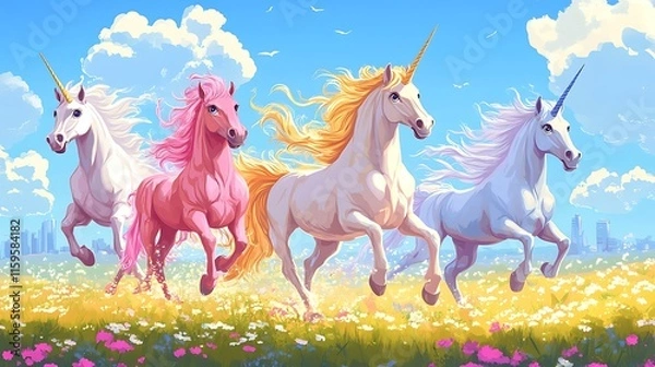 Fototapeta A vibrant scene of four colorful unicorns running through a flower-filled meadow.