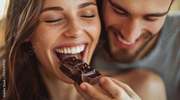 Obraz Love, happy couple eat chocolate in bedroom and care with smiling or laughing. Valentines day, married people sharing sweet snack and spending quality time in their home and romance or caring