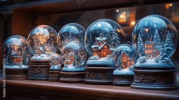 Obraz Whimsical Collection of Snow Globes Displayed on a Wooden Shelf