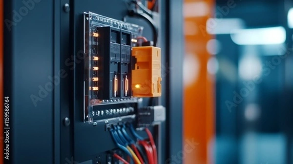 Fototapeta Residual current circuit breakers and voltage monitoring relays installed in an electrical control panel with connected wires