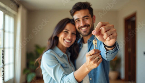 Obraz New Home Ownership: Happy Couple with House Keys