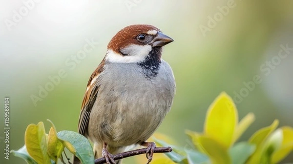 Fototapeta A close-up of a sparrow perched on a branch surrounded by green leaves, showcasing its distinctive feathers and alert expression.