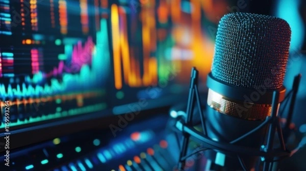 Fototapeta Podcast Studio Setup Microphone, Audio, Charts, Finance, Streaming
