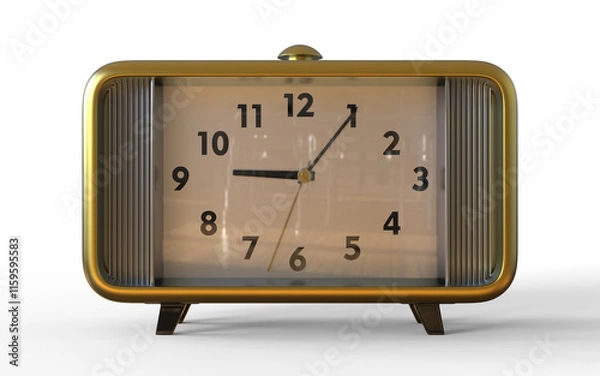 Fototapeta Abstract vintage table clock in the style of the 50s, in a bronze metal case and chrome decor, isolated on a white background, 3D rendering illustration, low angle view