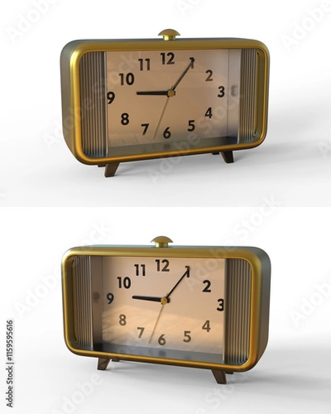 Fototapeta Abstract vintage table clock in the style of the 50s, in a bronze metal case and chrome decor, isolated on a white background, 3D rendering illustration, low angle view