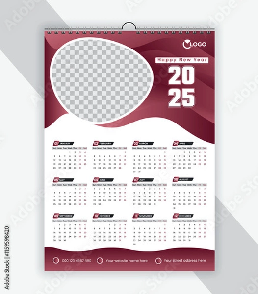 Fototapeta Modern wall calendar 2025 design template, week starts Monday, clean, elegant template schedule planner	