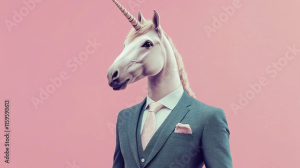 Fototapeta Anthropomorphic Unicorn in Formal Professional 3-Piece Business Suit with Pink Tie and Pocket Square Against Soft Pink Background