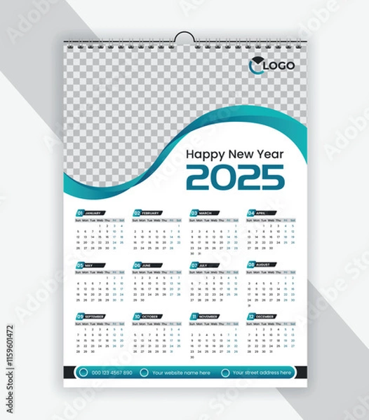 Fototapeta Single page wall calendar 2025 design template, modern and clean style vector one page calendar design 2025, a4 vector template