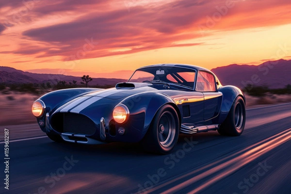 Fototapeta A classic blue Shelby Cobra 427 drives on a desert road at sunset, showcasing its powerful design and retro appeal.