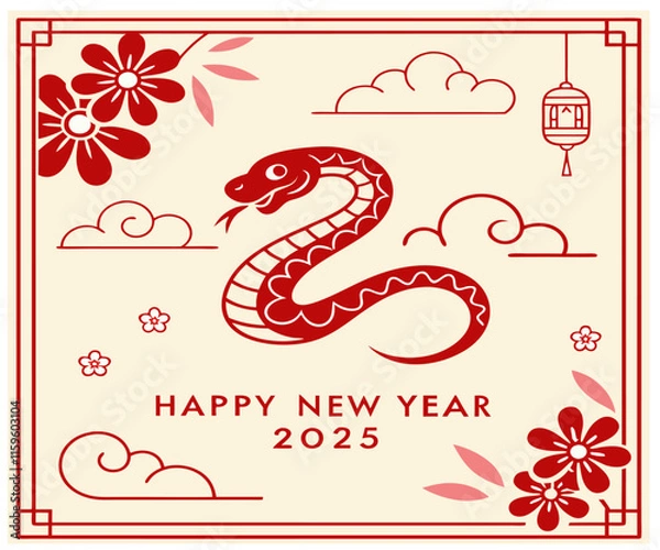Fototapeta Chinese banner, Happy New Year 2025 poster. Red Snake silhouette icon, flowers, asian clouds on white background. Vector illustration. Astrology China lunar calendar animal symbo