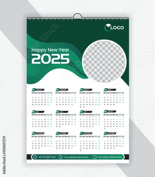 Fototapeta Single page colorful travel agency wall calendar design template. 2025 Calendar Template Design,. One page wall calendar design for 2025. Wall calendar vector for corporate