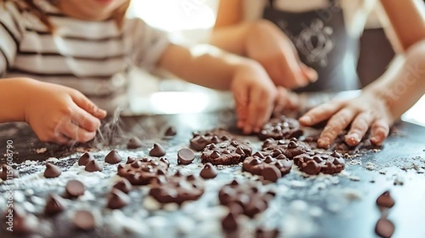 Fototapeta Group of young children baking cookies, chocolate chips scattered across the table, glowing soft light enhancing the warmth, blurred chalkboard background with hand-drawn cookie patterns, cozy and fun