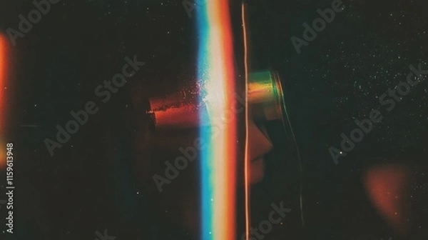 Fototapeta Light leaks rainbow overlay. Damaged grain screen gradient background. Glitch noise on black scratched texture with dust. Grunge abstract dusty scanned old film texture picture.