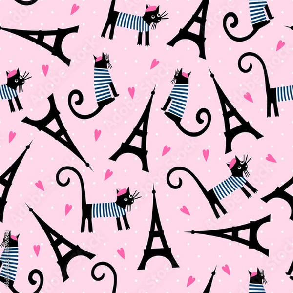 Fototapeta Paris symbols seamless pattern. Cute cartoon parisian cat and tour Eiffel vector illustration on pink polka dots background. French style dressed cat with beret and striped frock.