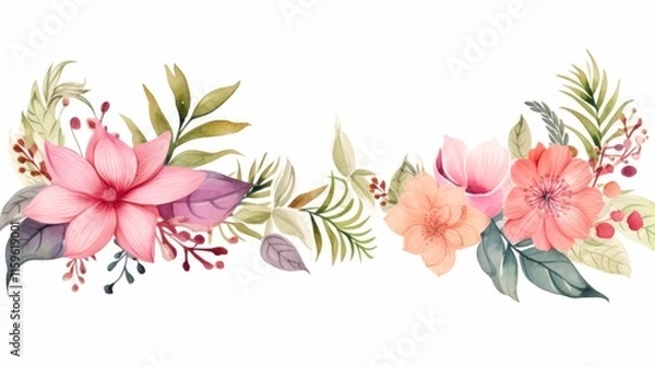 Fototapeta Beautiful Boho Watercolor Wedding Frame with Tropical Roses and Flowers Illustration and Single Elements Featuring Monstera and Fern Botanicals