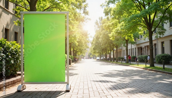 Fototapeta Street banner mockup PSD on green pathway with trees at sunset.