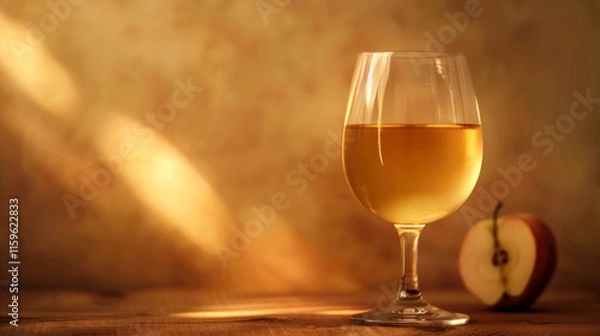 Fototapeta Warm toned image featuring glass of apple cider on rustic wooden table with sliced apple. sunlight beautifully illuminates scene, creating cozy atmosphere.