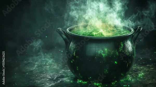 Fototapeta Magic witch cauldron halloween game animation. Green steam cloud smoke evaporation sequence illustration kit. Cooking potion with bubble explosion spritesheet set for mystery alchemy laboratory